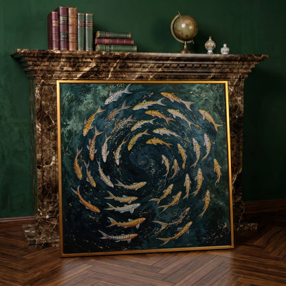 Koi Fish Swimming Spiral Canvas in antique gold floating frame