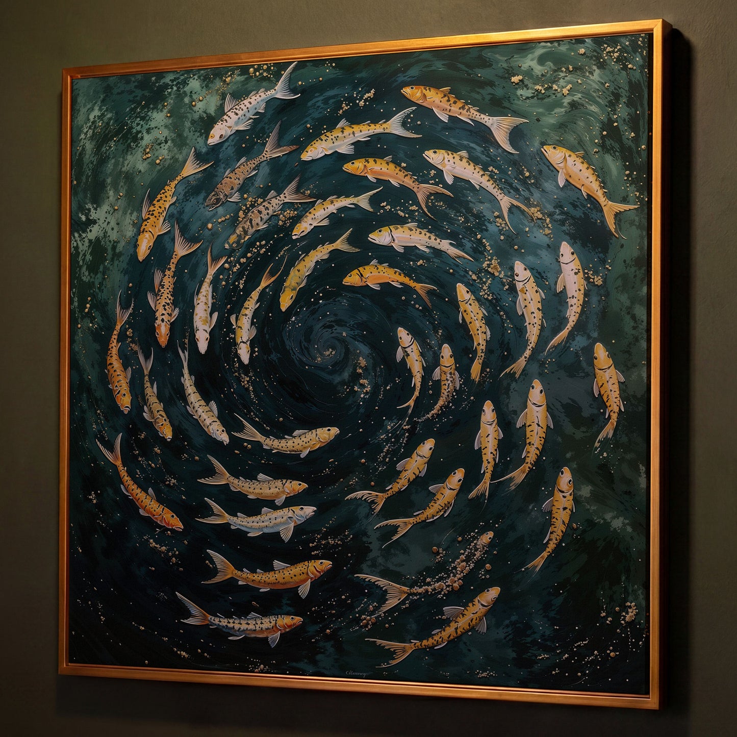 Koi Fish Swimming Spiral Canvas shown in antique gold floating frame