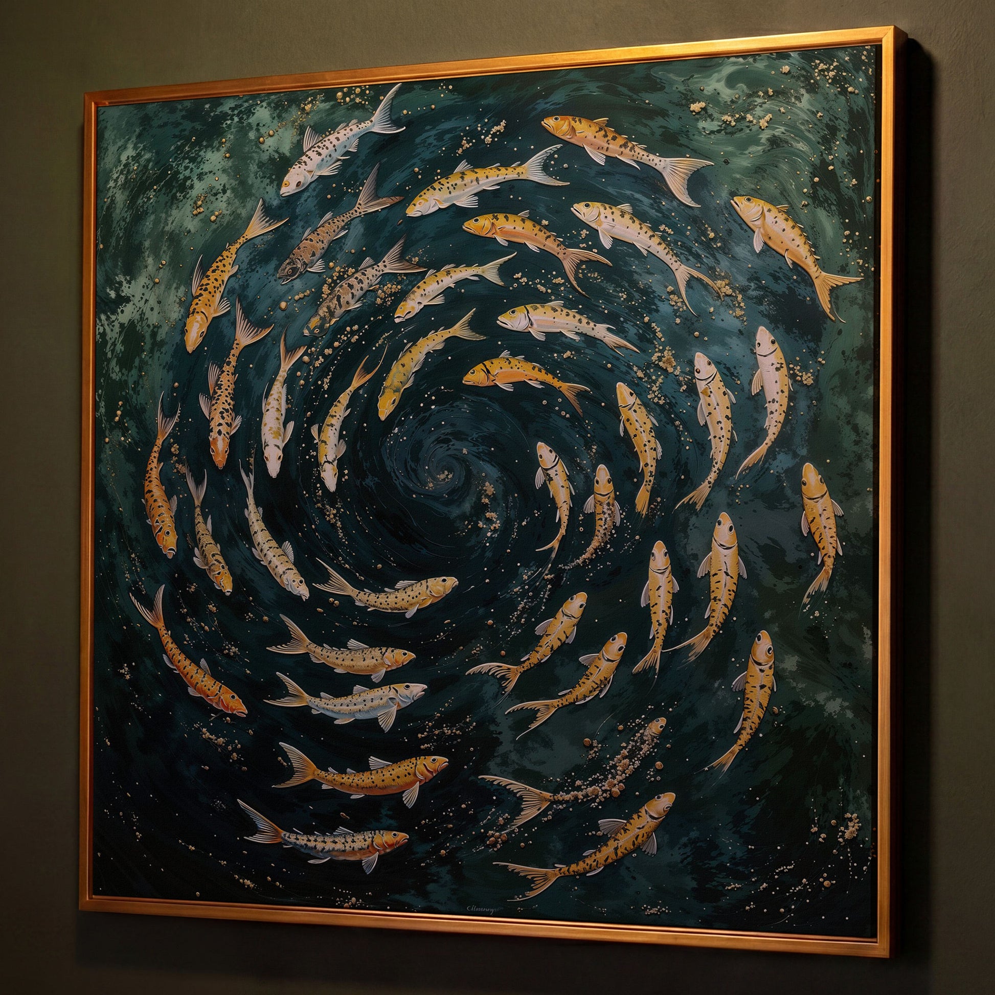Koi Fish Swimming Spiral Canvas shown in antique gold floating frame