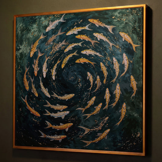 Koi Fish Swimming Spiral Canvas shown in antique gold floating frame