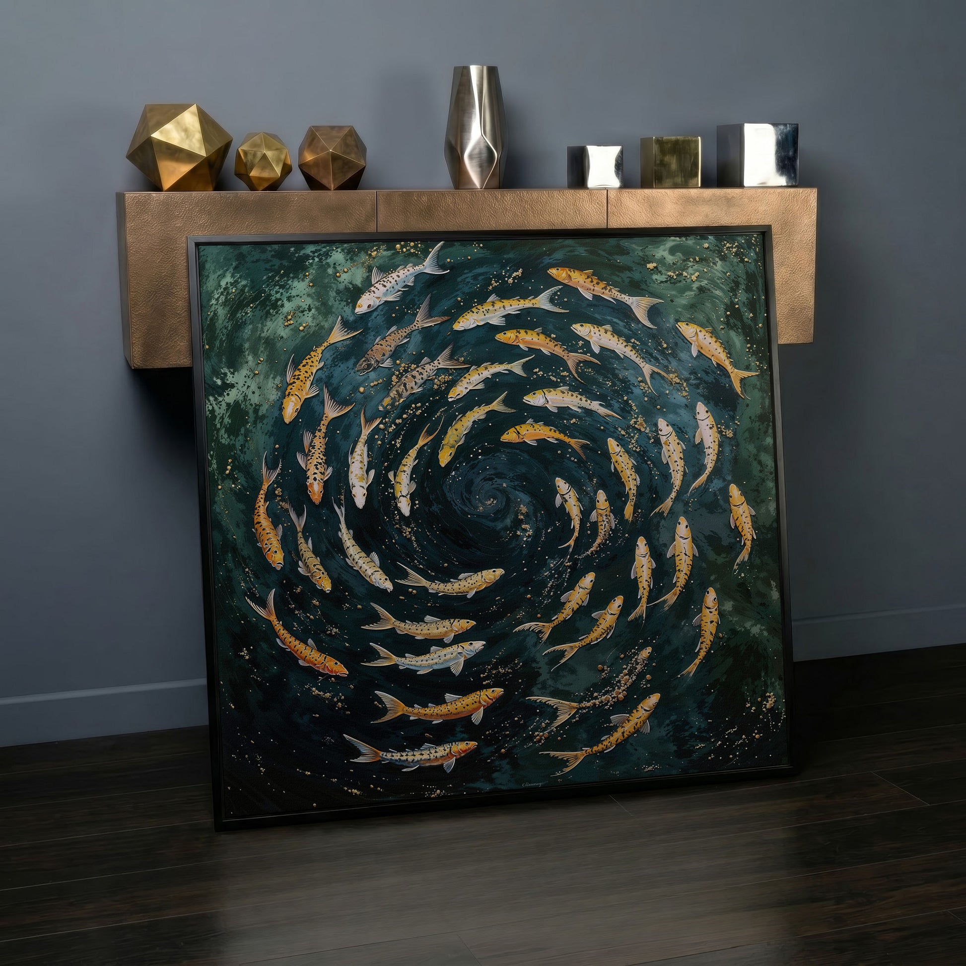 Koi Fish Swimming Spiral Canvas in black floating frame