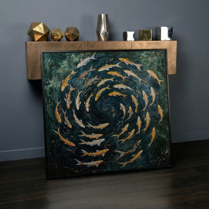 Koi Fish Swimming Spiral Canvas in black floating frame