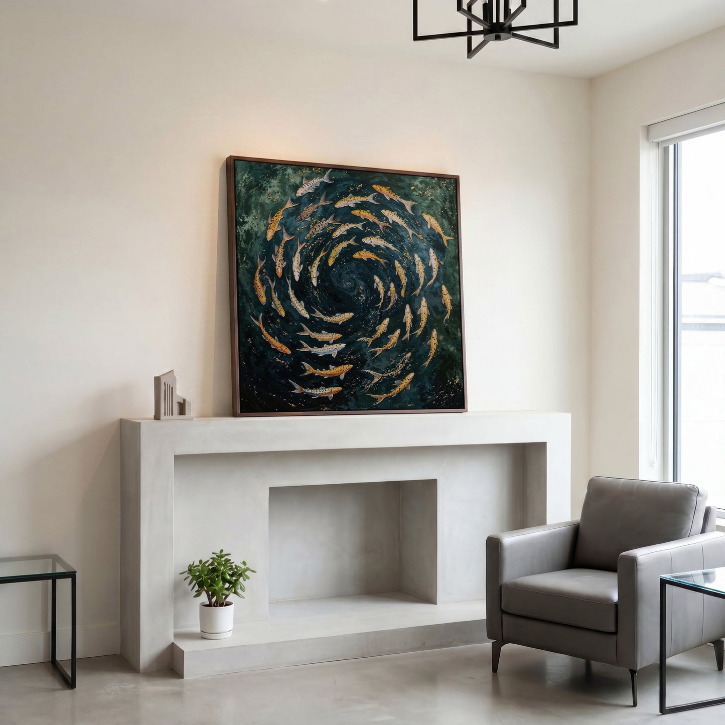 Koi Fish Swimming Spiral Canvas in dark walnut floating frame
