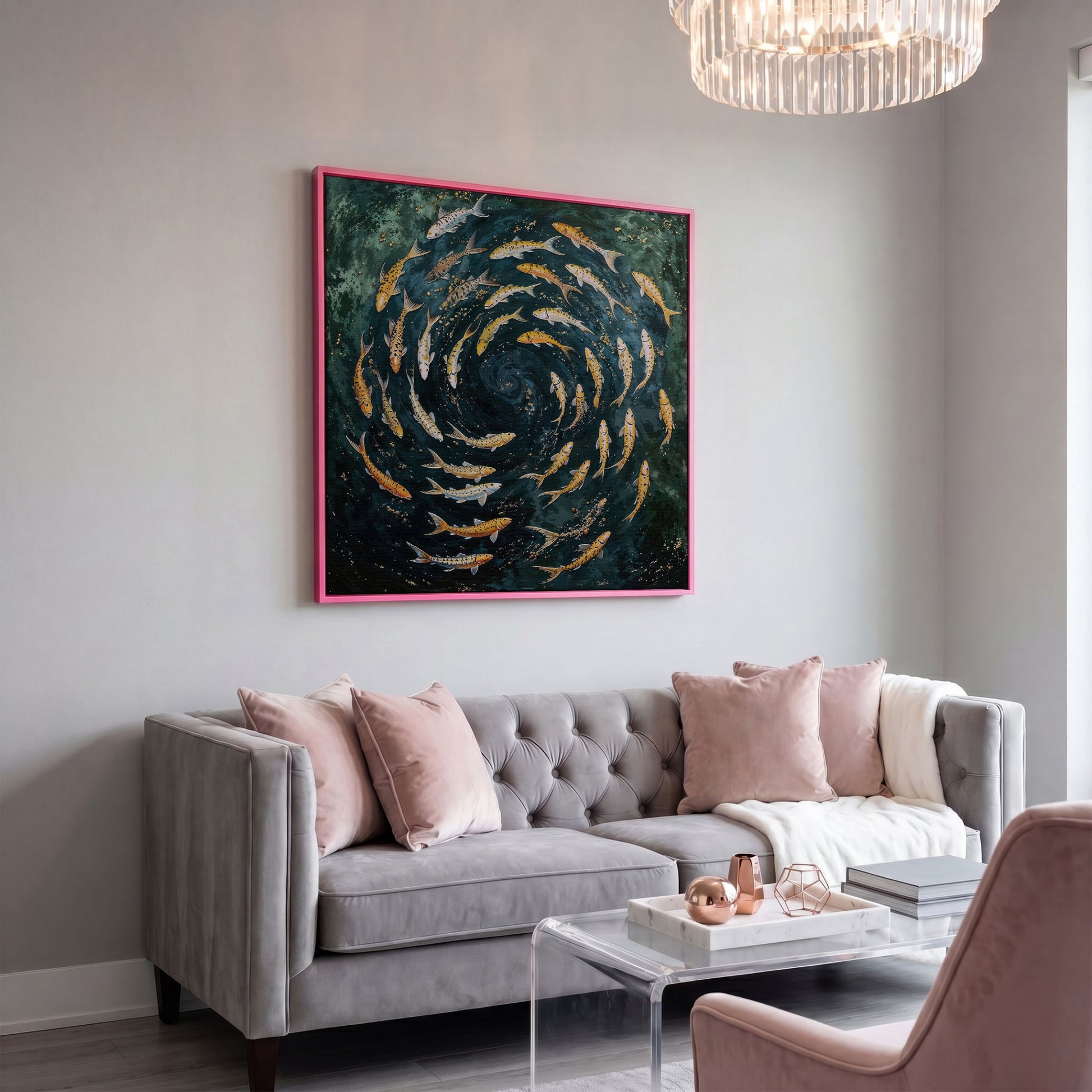 Koi Fish Swimming Spiral Canvas in pink floating frame