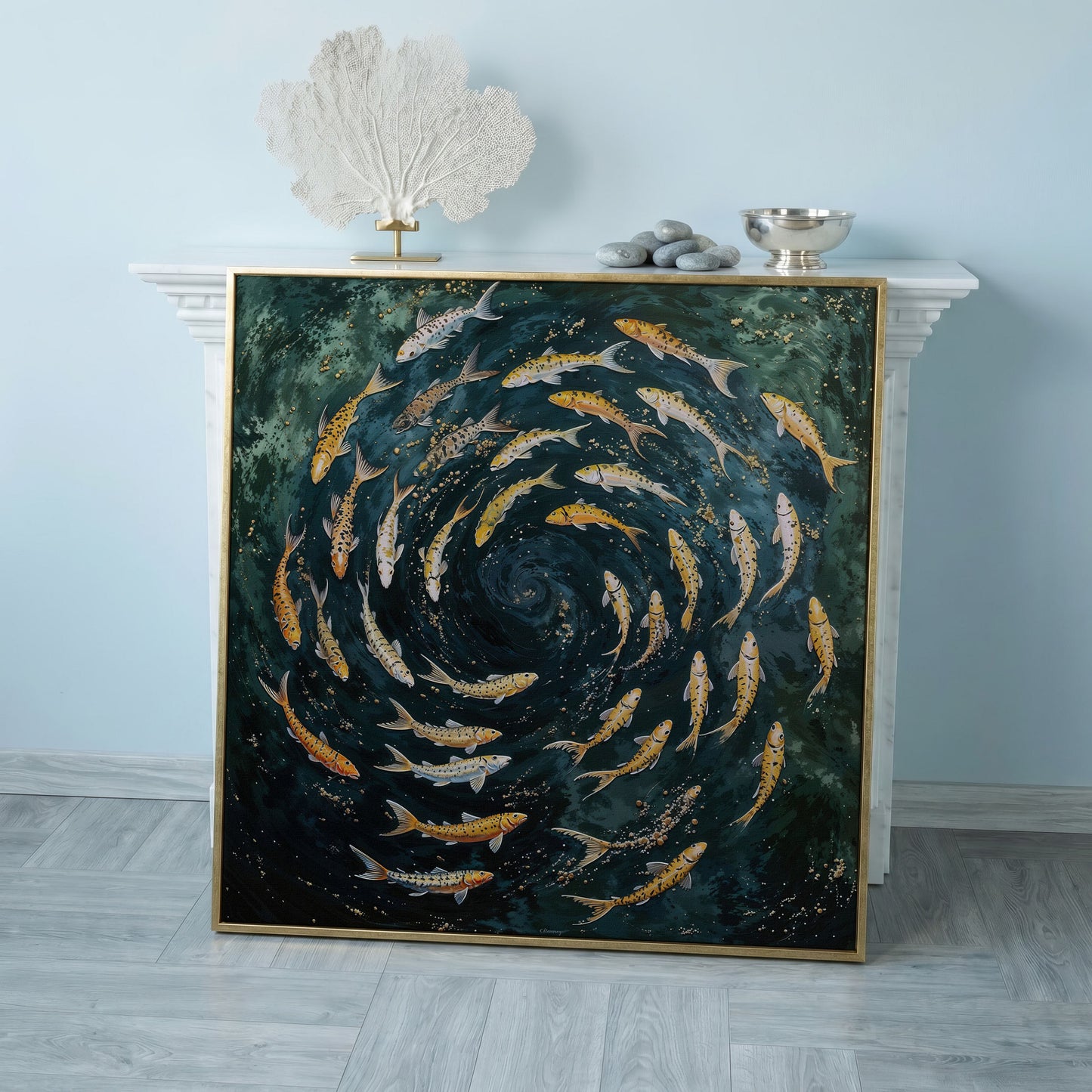 Koi Fish Swimming Spiral Canvas in rose gold floating frame