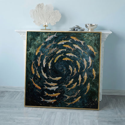 Koi Fish Swimming Spiral Canvas in rose gold floating frame