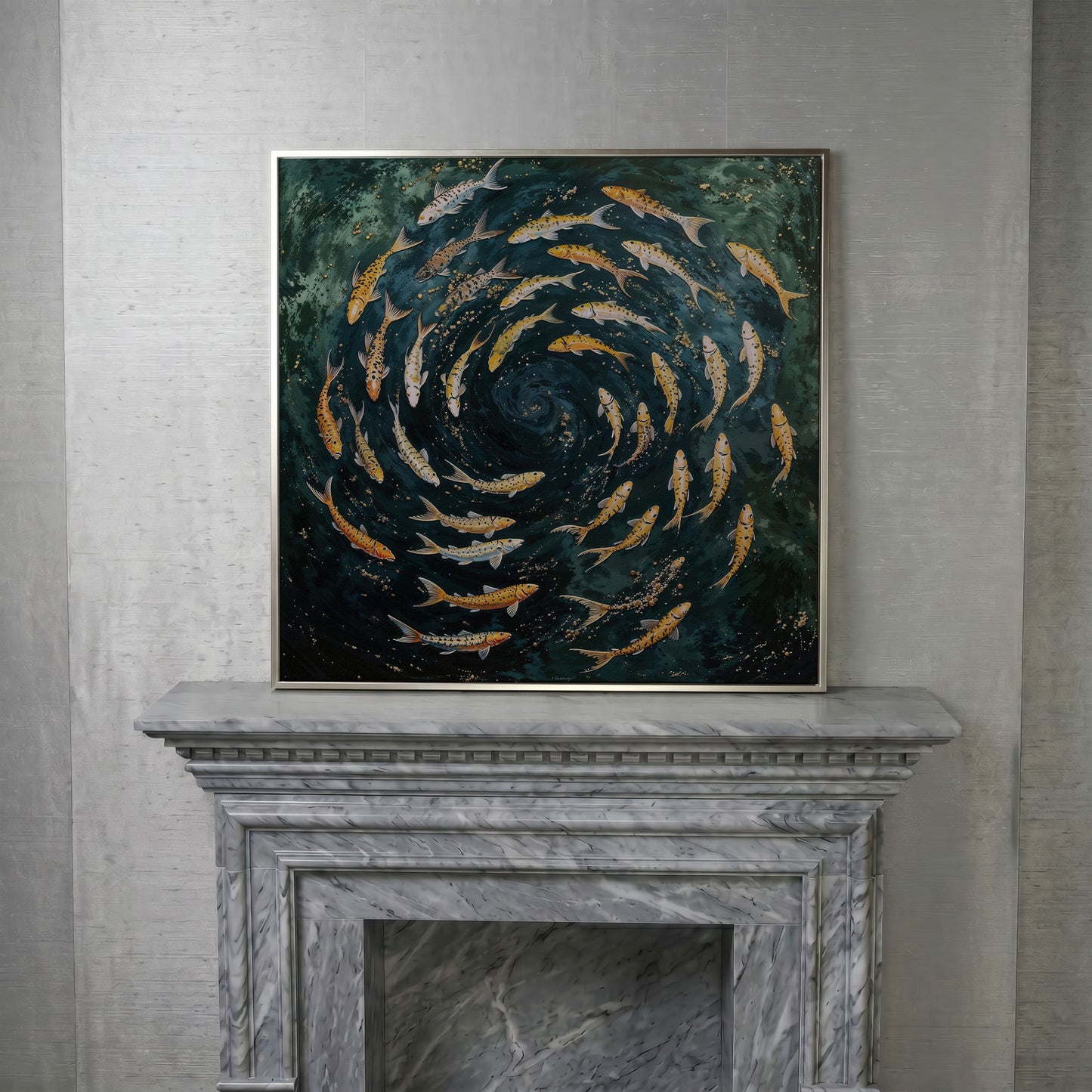 Koi Fish Swimming Spiral Canvas in silver floating frame
