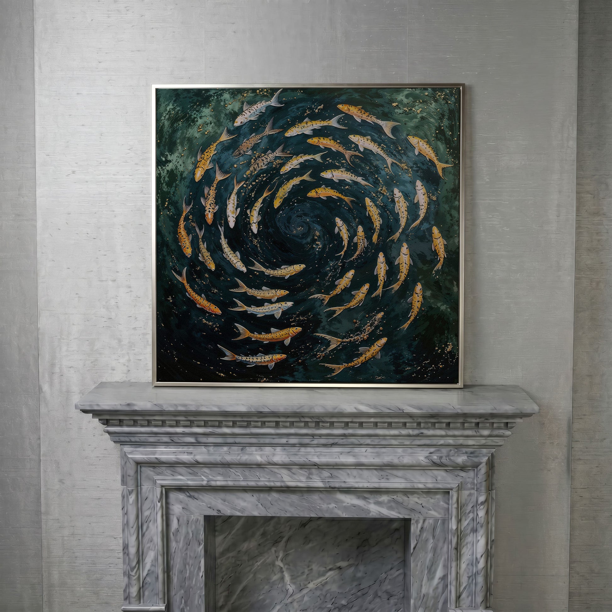 Koi Fish Swimming Spiral Canvas in silver floating frame