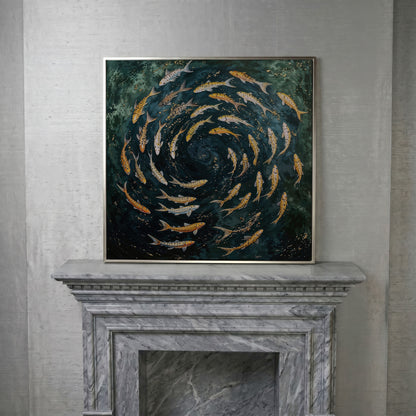 Koi Fish Swimming Spiral Canvas in silver floating frame