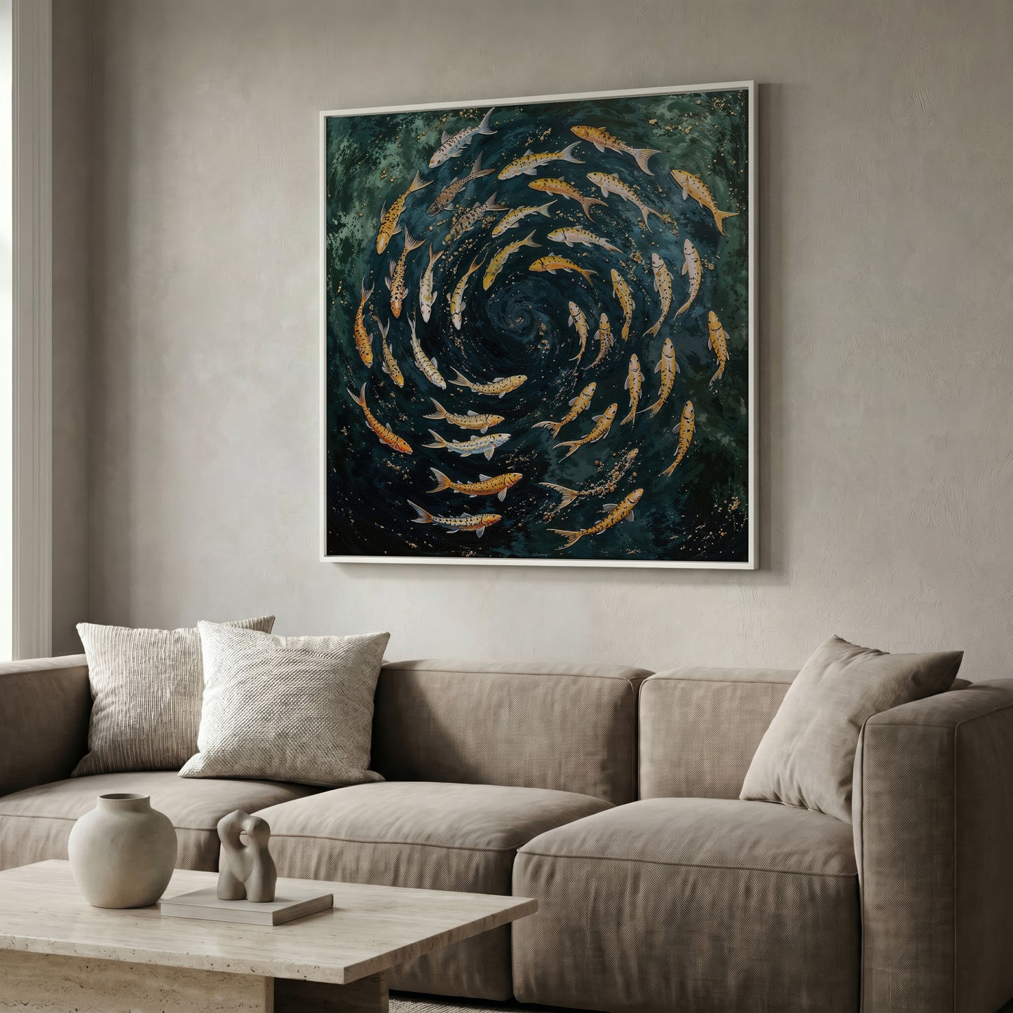 Koi Fish Swimming Spiral Canvas in white floating frame