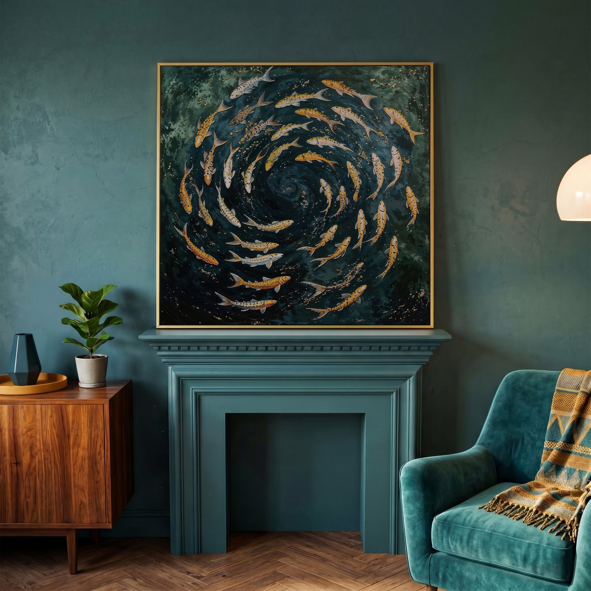 Koi Fish Swimming Spiral Canvas in yellow gold floating frame