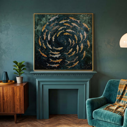 Koi Fish Swimming Spiral Canvas in yellow gold floating frame