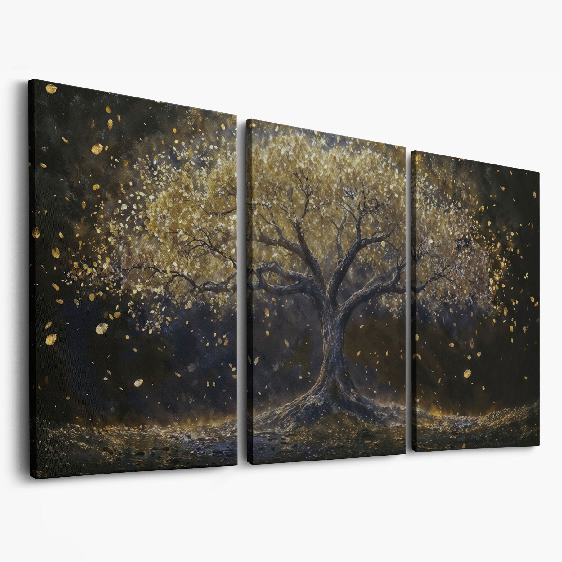 Golden Foliage Tree of Life Canvas as 3-panel split version