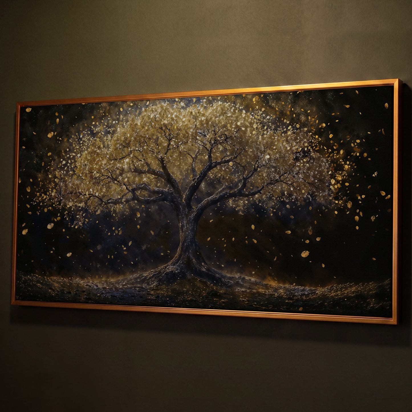 Golden Foliage Tree of Life Canvas shown in antique gold floating frame