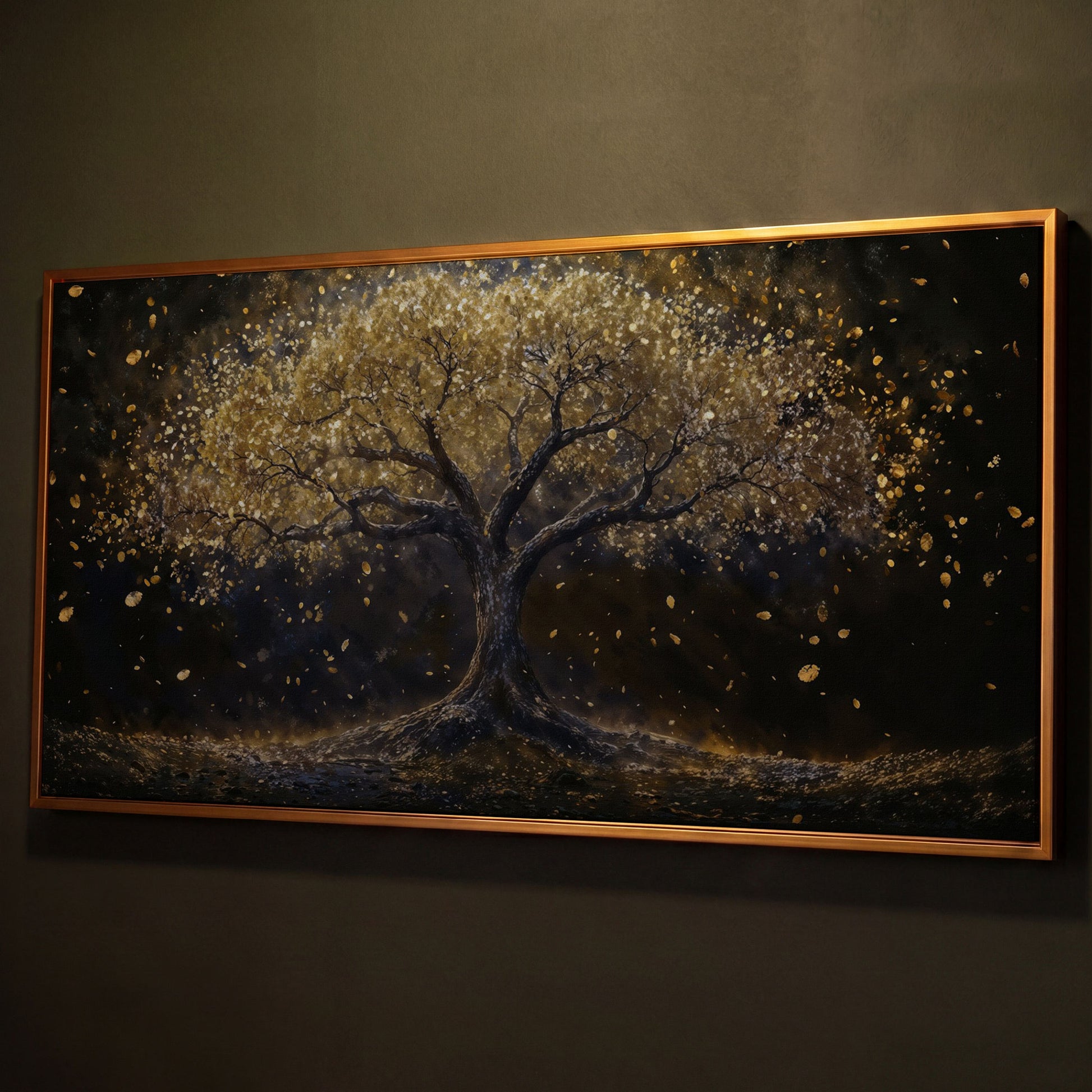 Golden Foliage Tree of Life Canvas shown in antique gold floating frame