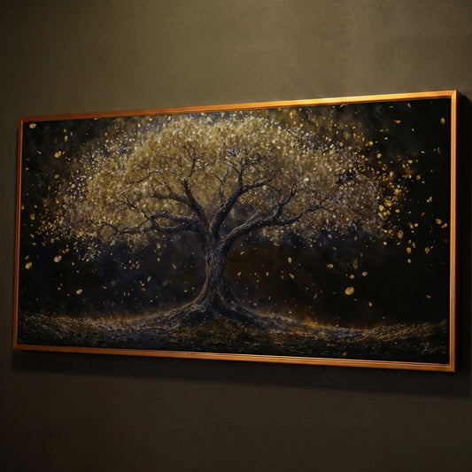 Golden Foliage Tree of Life Canvas shown in antique gold floating frame
