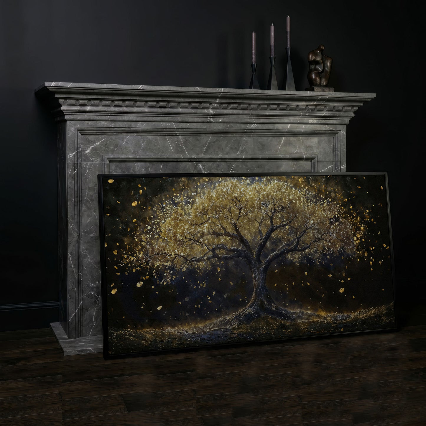 Golden Foliage Tree of Life Canvas in black floating frame
