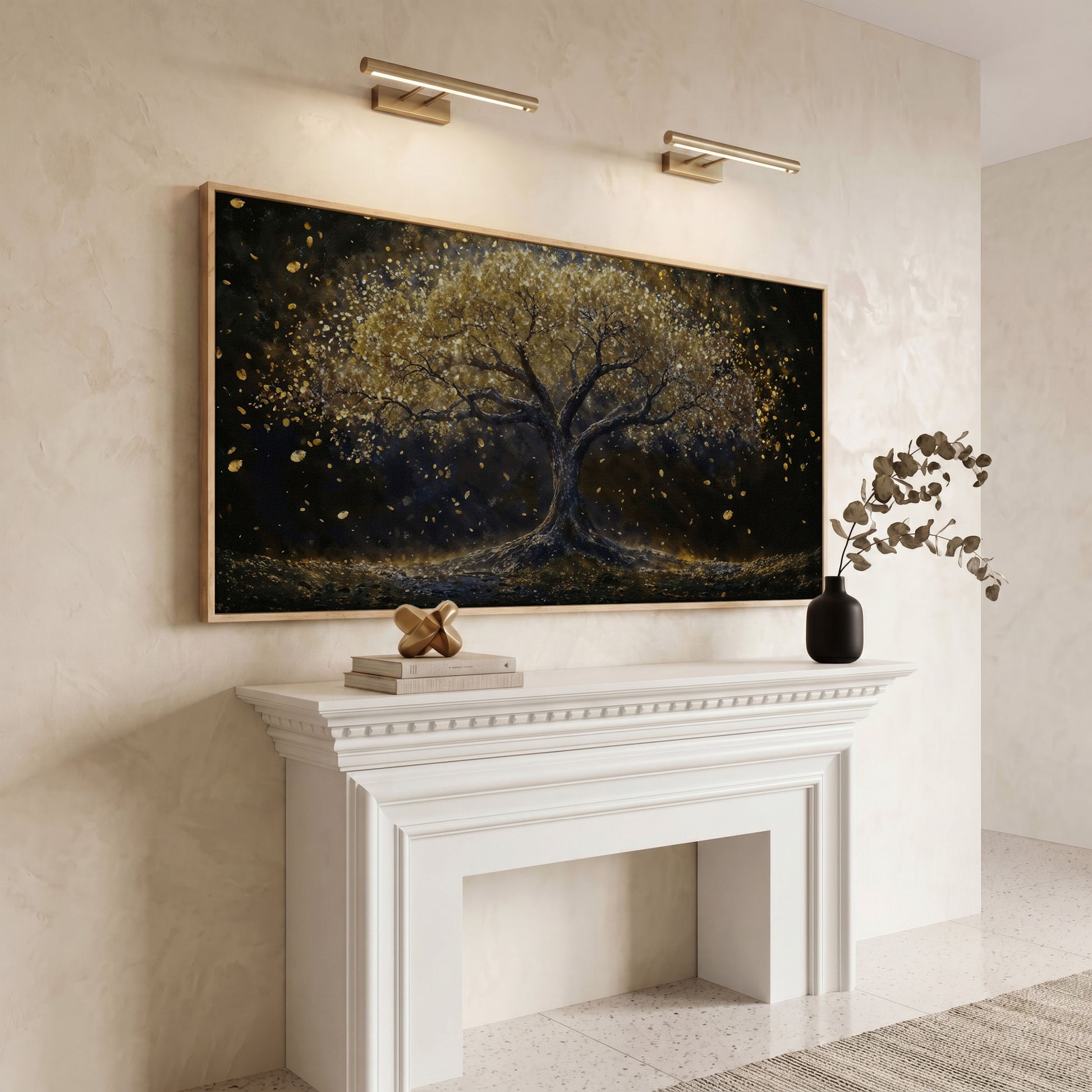 Golden Foliage Tree of Life Canvas in white oak floating frame