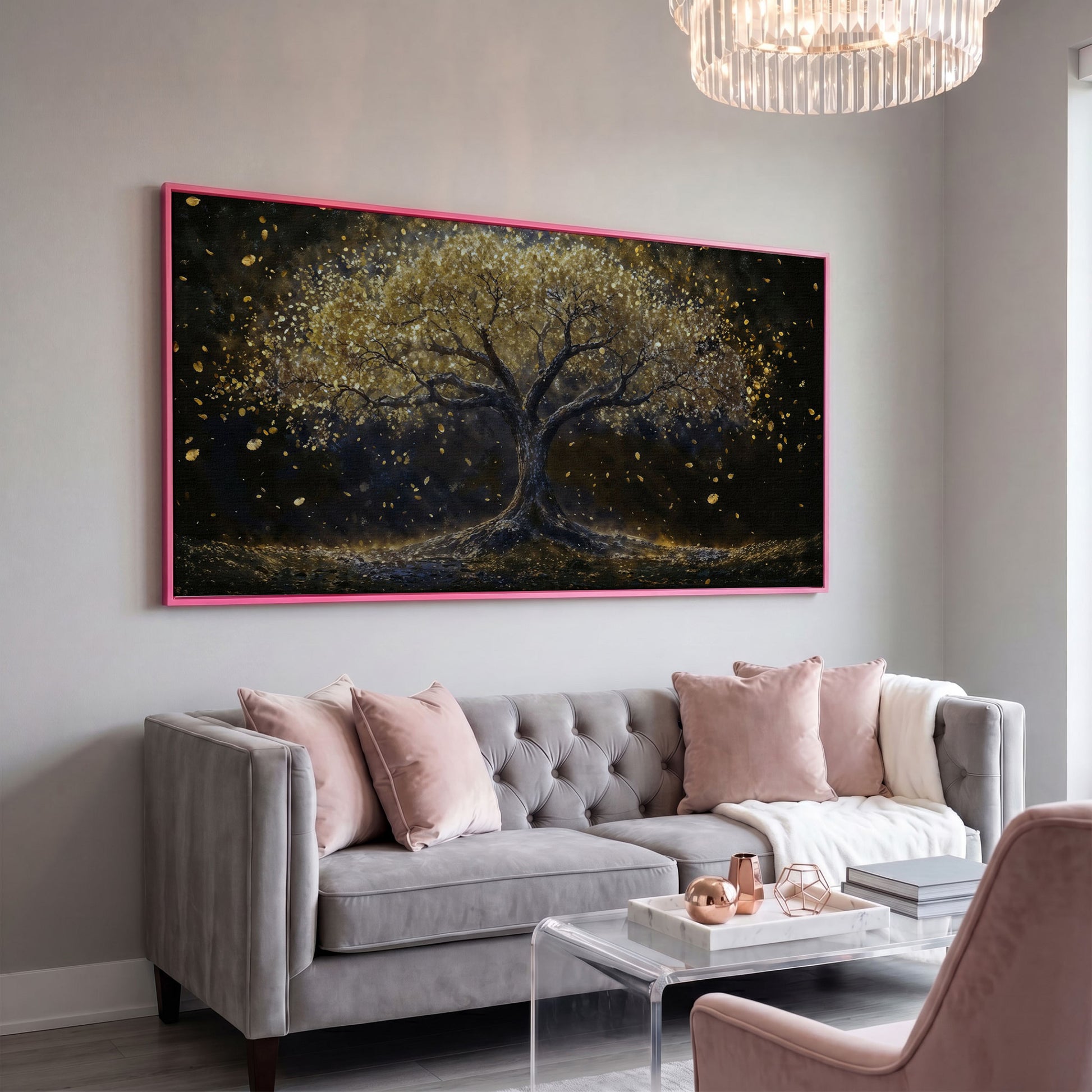Golden Foliage Tree of Life Canvas in pink floating frame