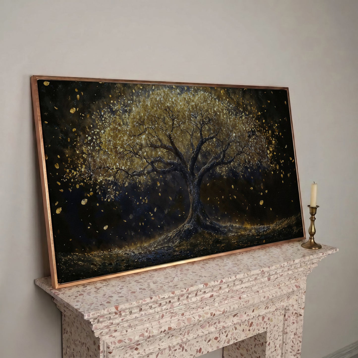 Golden Foliage Tree of Life Canvas in rose gold floating frame