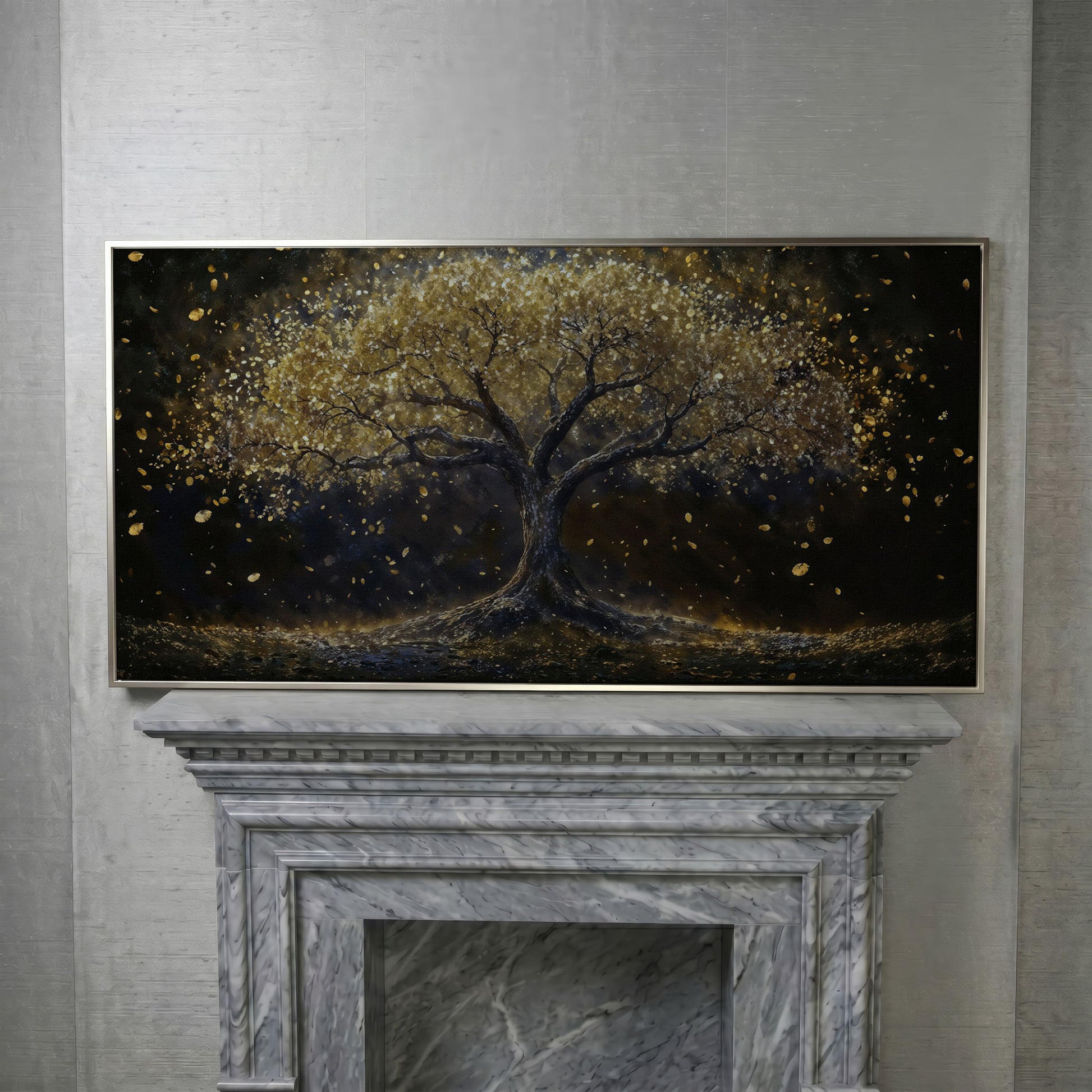 Golden Foliage Tree of Life Canvas in silver floating frame