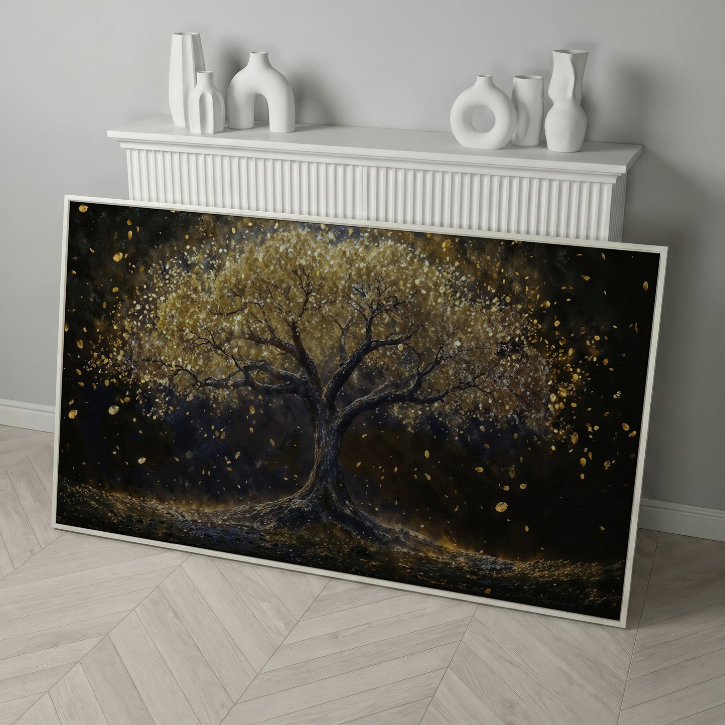Golden Foliage Tree of Life Canvas in white floating frame