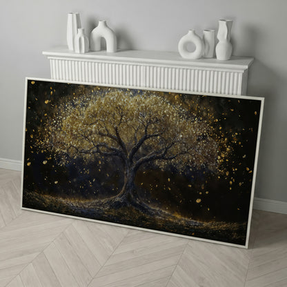 Golden Foliage Tree of Life Canvas in white floating frame