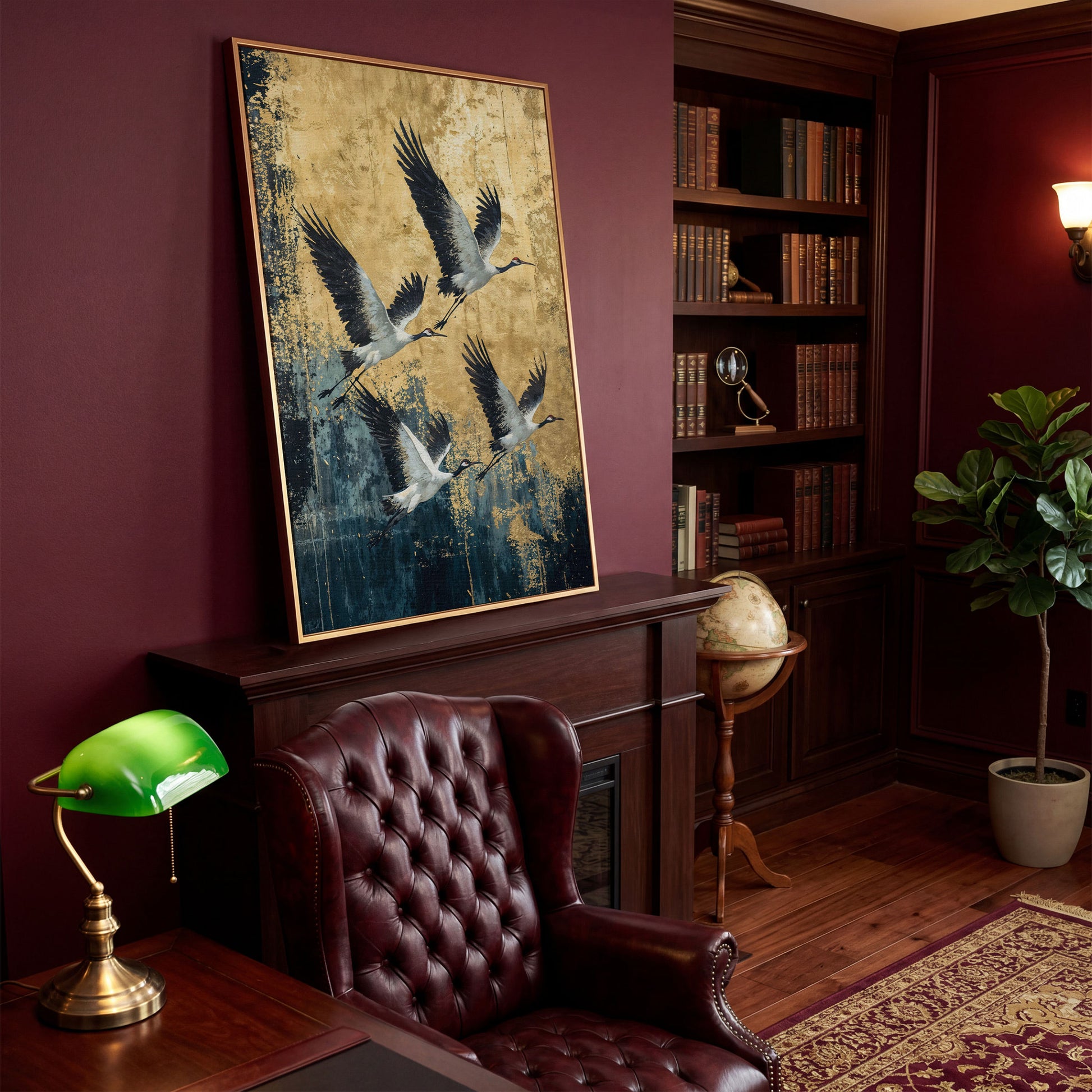 Flying Cranes Canvas Print, Japanese Birds in Gold and Charcoal in antique gold floating frame