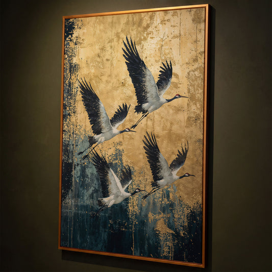 Flying Cranes Canvas Print, Japanese Birds in Gold and Charcoal shown in antique gold floating frame