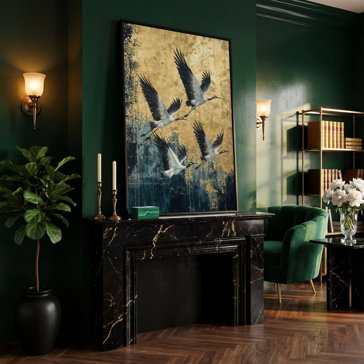 Flying Cranes Canvas Print, Japanese Birds in Gold and Charcoal in black floating frame