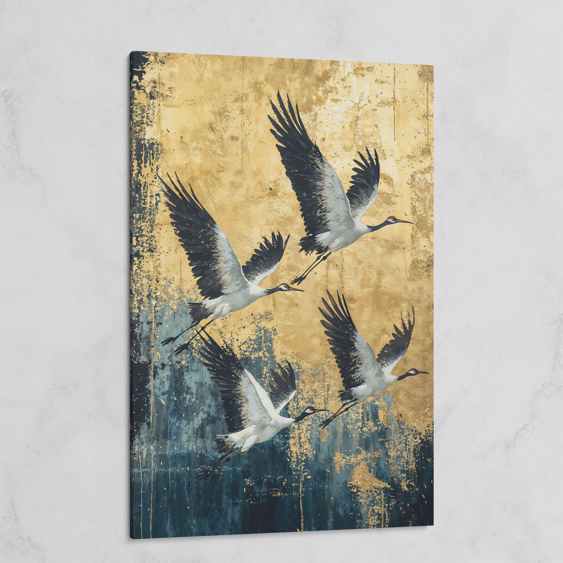 Flying Cranes Canvas Print, Japanese Birds in Gold and Charcoal on gallery wrap