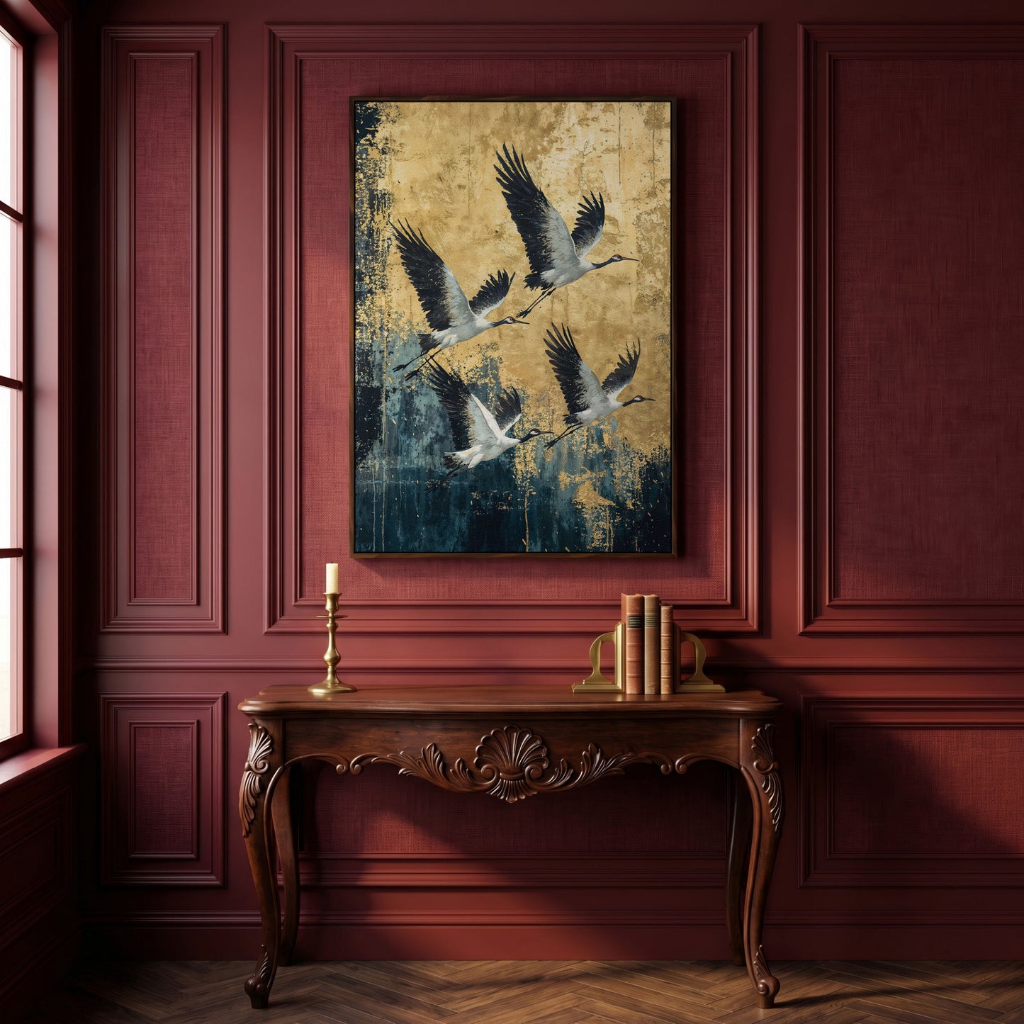 Flying Cranes Canvas Print, Japanese Birds in Gold and Charcoal in dark walnut floating frame