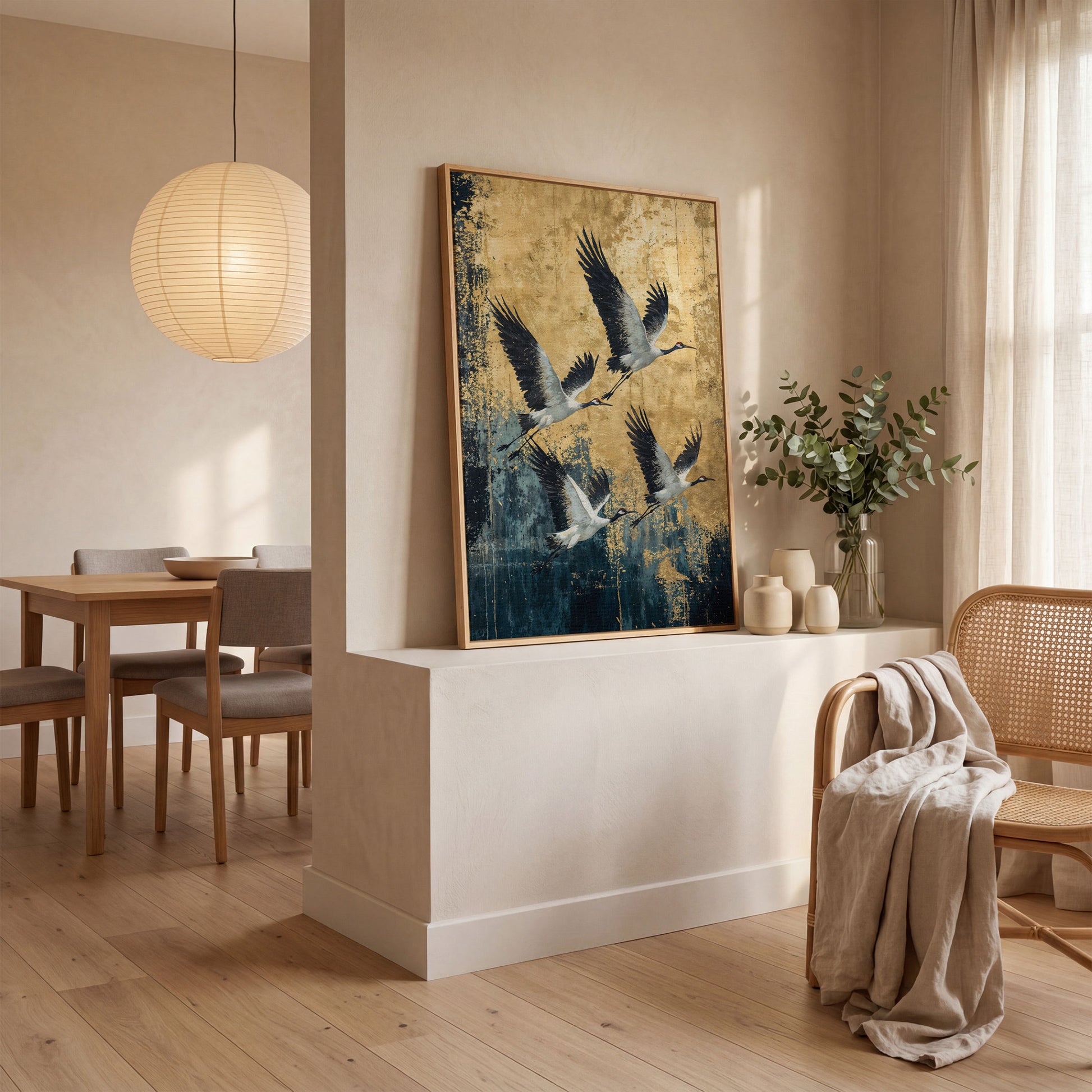 Flying Cranes Canvas Print, Japanese Birds in Gold and Charcoal in white oak floating frame