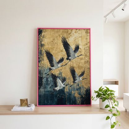 Flying Cranes Canvas Print, Japanese Birds in Gold and Charcoal in pink floating frame
