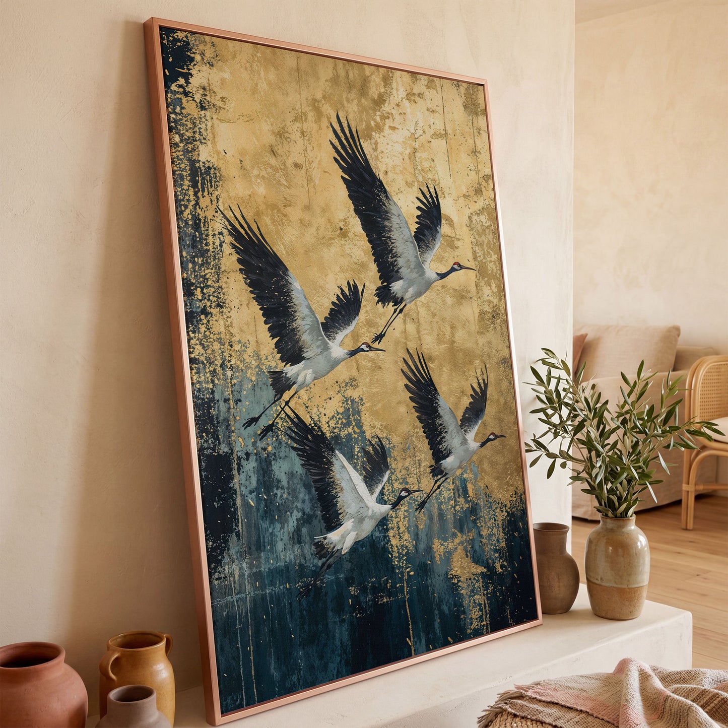 Flying Cranes Canvas Print, Japanese Birds in Gold and Charcoal in rose gold floating frame
