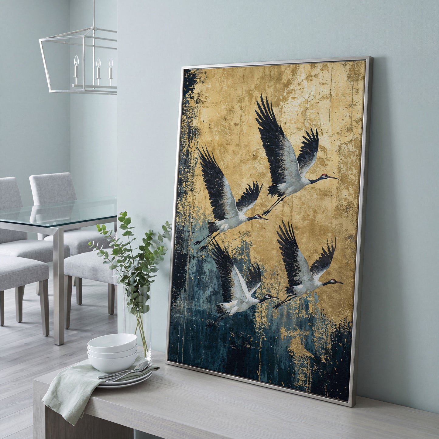Flying Cranes Canvas Print, Japanese Birds in Gold and Charcoal in silver floating frame