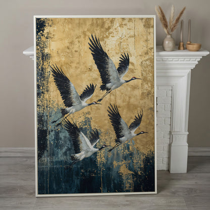 Flying Cranes Canvas Print, Japanese Birds in Gold and Charcoal in white floating frame