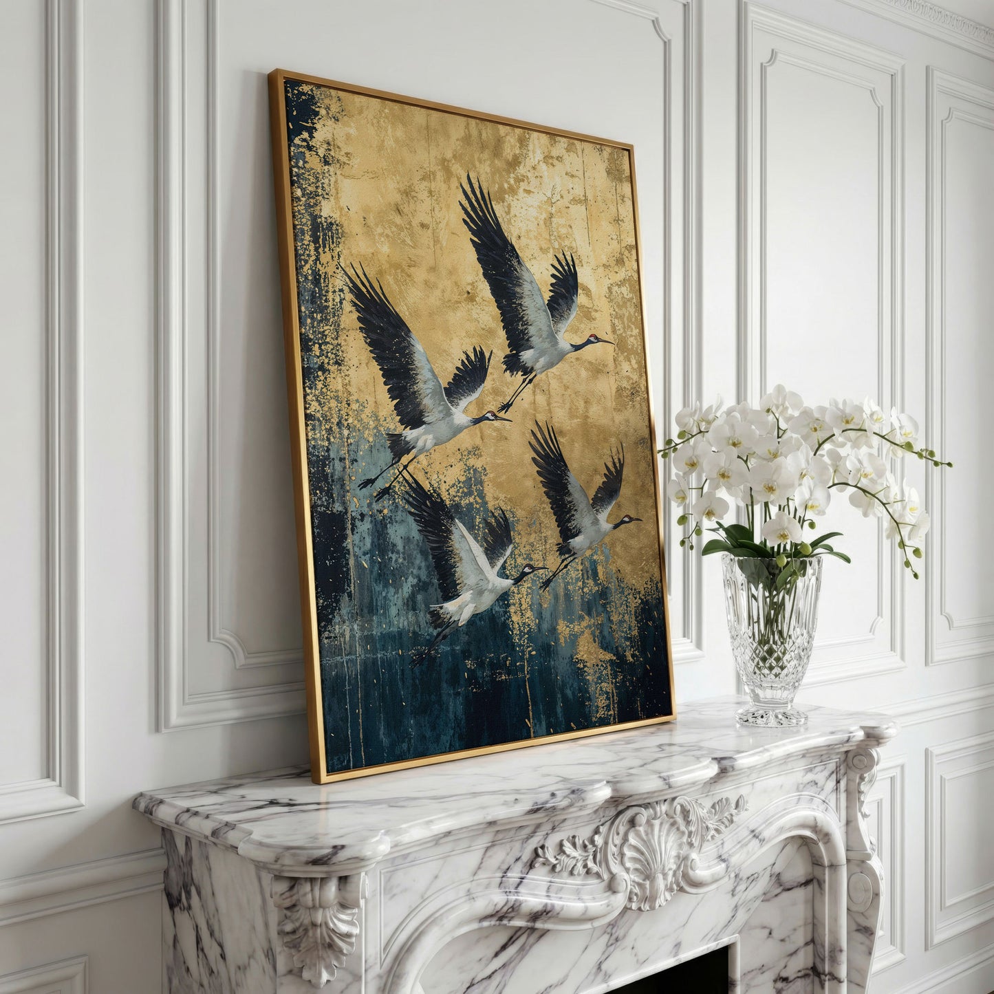 Flying Cranes Canvas Print, Japanese Birds in Gold and Charcoal in yellow gold floating frame