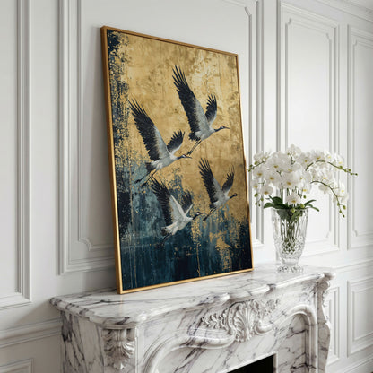 Flying Cranes Canvas Print, Japanese Birds in Gold and Charcoal in yellow gold floating frame