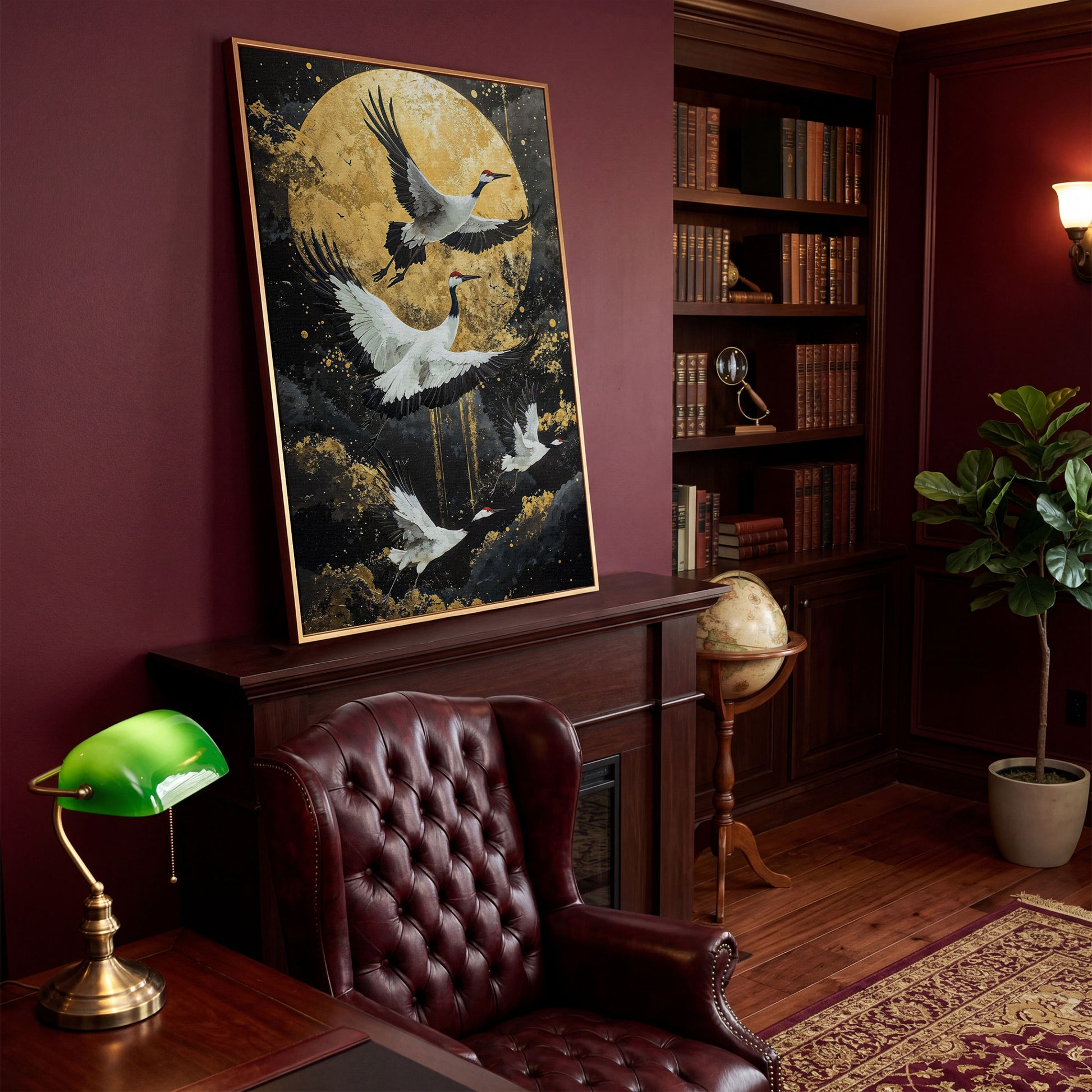 Enchanted Cranes with Golden Full Moon Canvas in antique gold floating frame