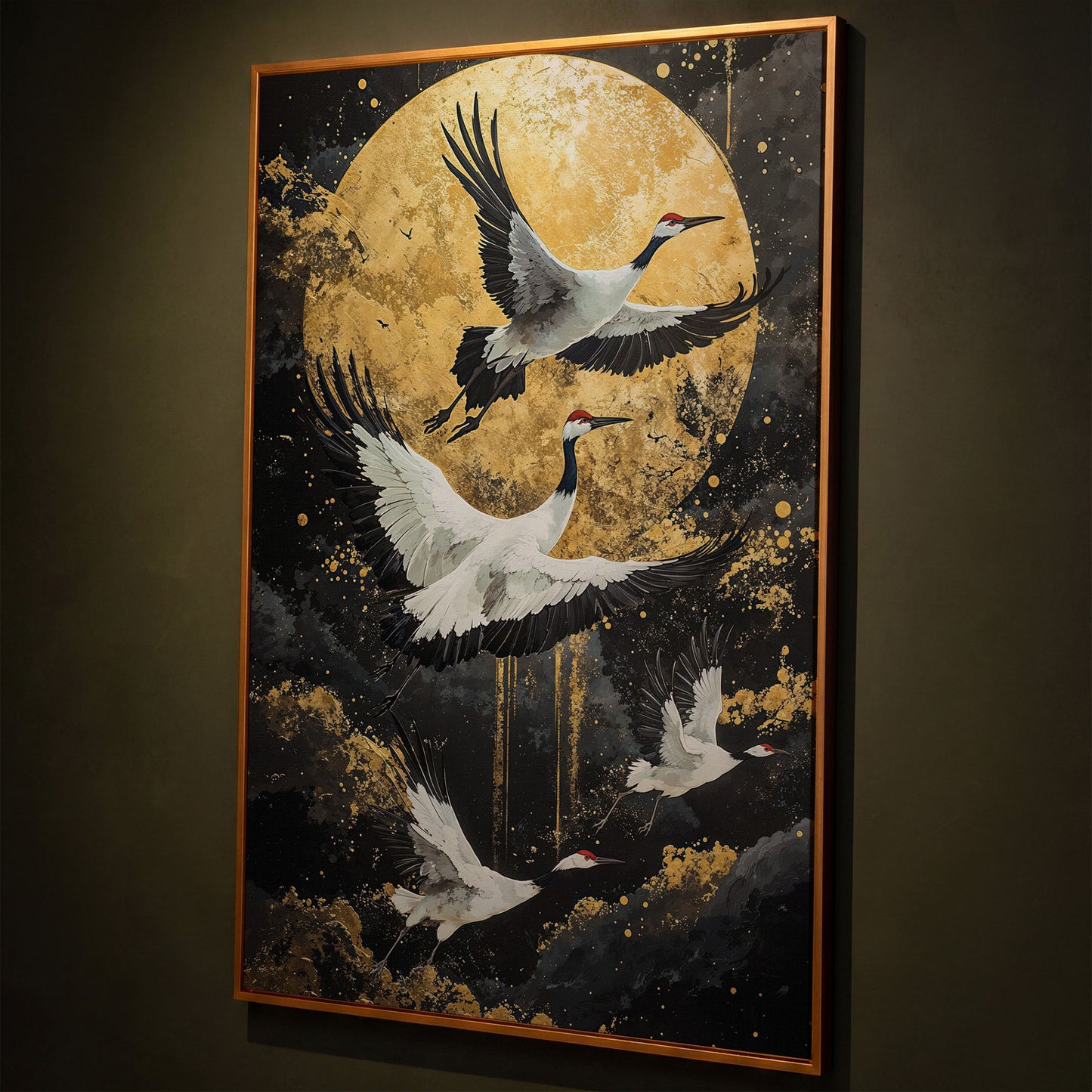 Enchanted Cranes with Golden Full Moon Canvas shown in antique gold floating frame