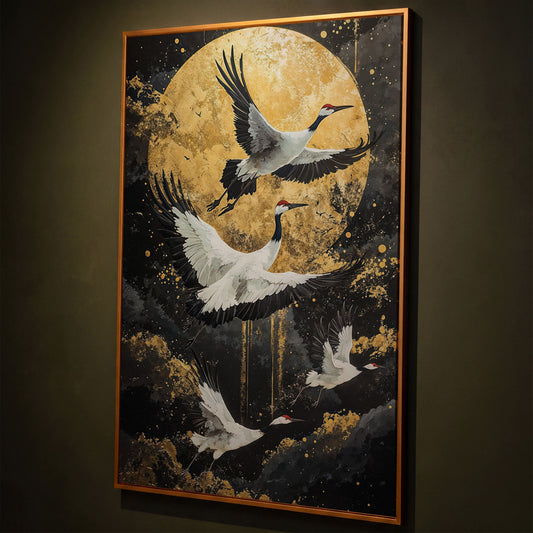 Enchanted Cranes with Golden Full Moon Canvas shown in antique gold floating frame