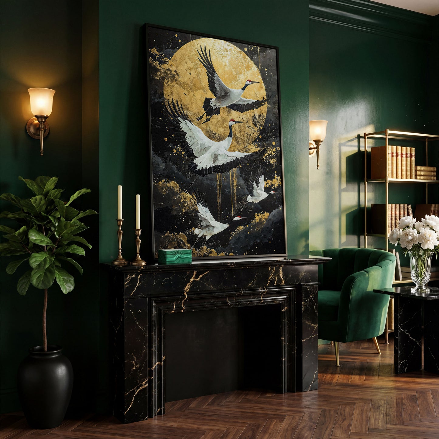 Enchanted Cranes with Golden Full Moon Canvas in black floating frame