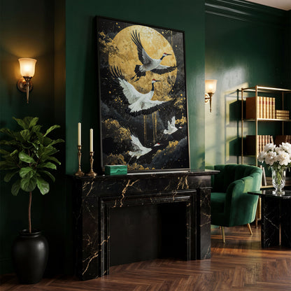 Enchanted Cranes with Golden Full Moon Canvas in black floating frame