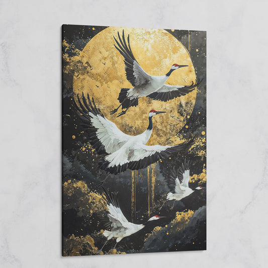 Enchanted Cranes with Golden Full Moon Canvas on gallery wrap