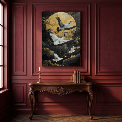 Enchanted Cranes with Golden Full Moon Canvas in dark walnut floating frame