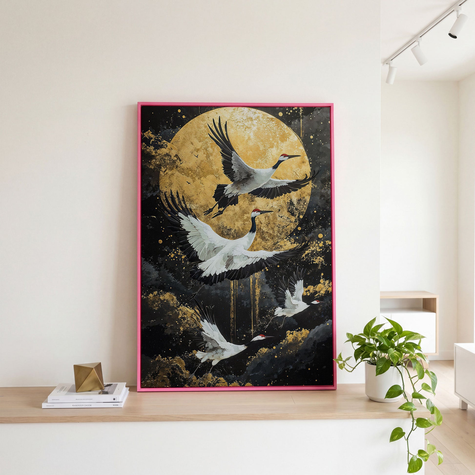 Enchanted Cranes with Golden Full Moon Canvas in pink floating frame