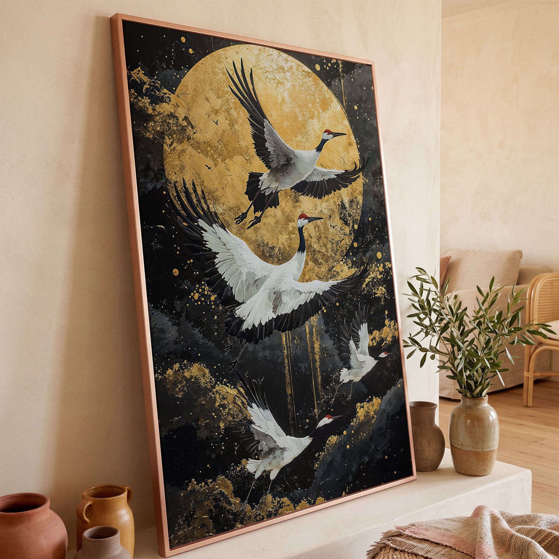Enchanted Cranes with Golden Full Moon Canvas in rose gold floating frame