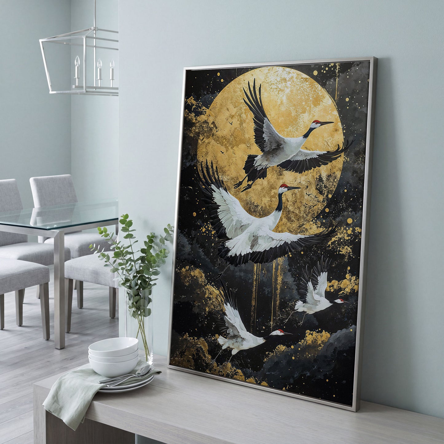 Enchanted Cranes with Golden Full Moon Canvas in silver floating frame