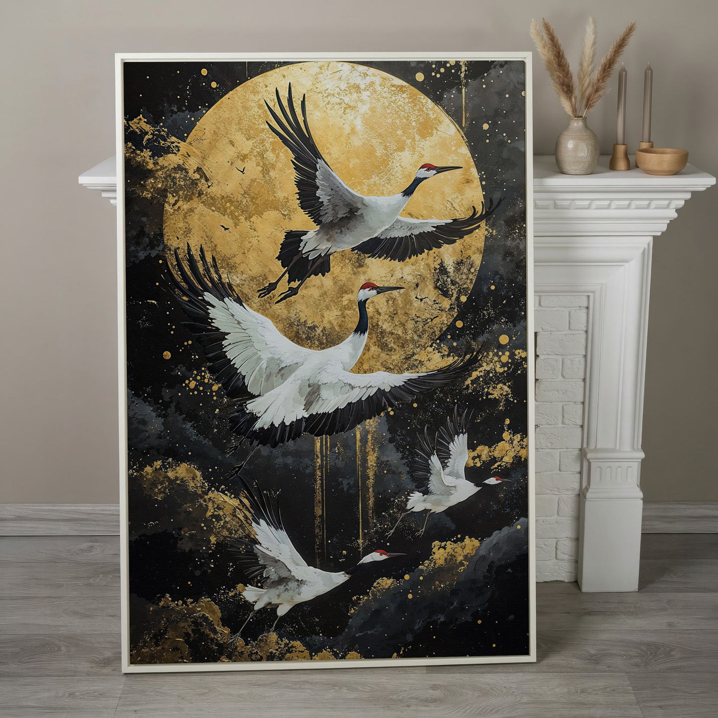 Enchanted Cranes with Golden Full Moon Canvas in white floating frame